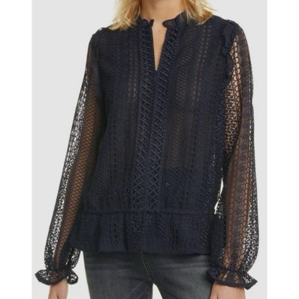 NWOT Ted Baker Navy Embroidered Peplum Coquette Blouse Sz 1/US 2-4